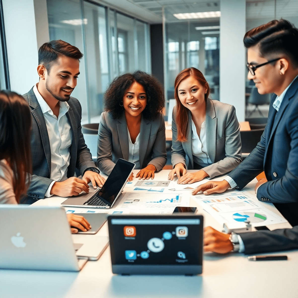 A diverse group of professionals collaborates around a table with laptops, charts, and digital marketing symbols in a modern office setting, emphasizing teamwork and strategy.