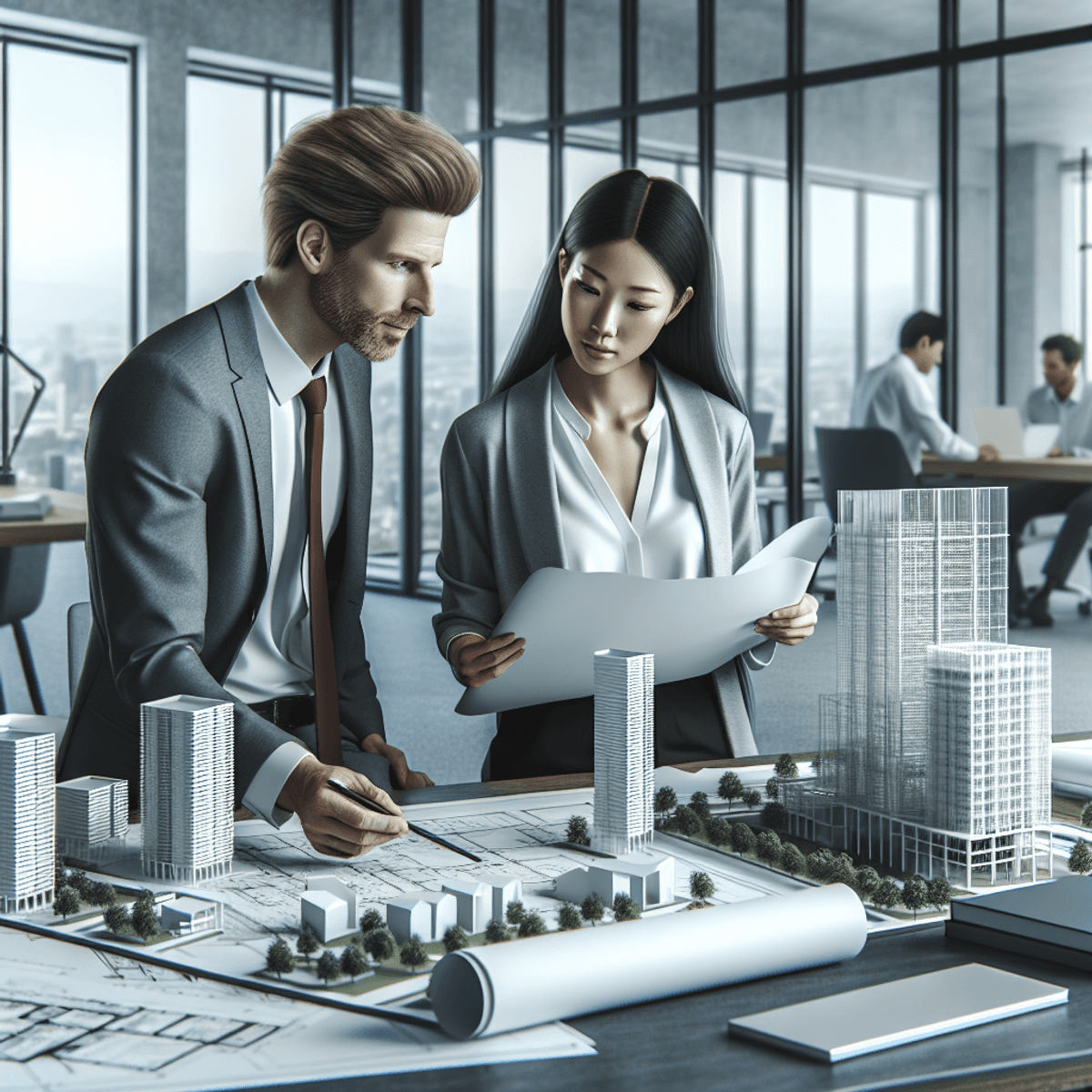 Real Estate Development Process: Full Guide 5 A Caucasian man and an Asian woman are engaged in a focused discussion over architectural blueprints in a modern office. The room features large windows with natural light flooding in, showcasing a sleek design with minimalist furniture. Surrounding them are detailed architectural models of buildings under construction and various project management tools, emphasizing their professional environment and collaboration in real estate development.