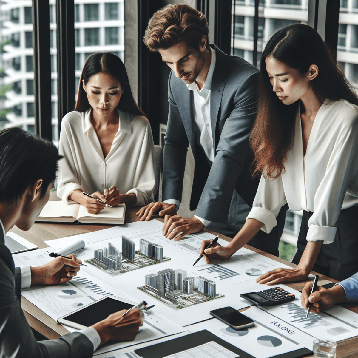 Real Estate Development Process: Full Guide 3 A diverse group of professionals, including a Caucasian woman and an Asian man, collaborate in a modern office setting, surrounded by financial documents and building blueprints, symbolizing teamwork and strategic planning for a real estate development project.