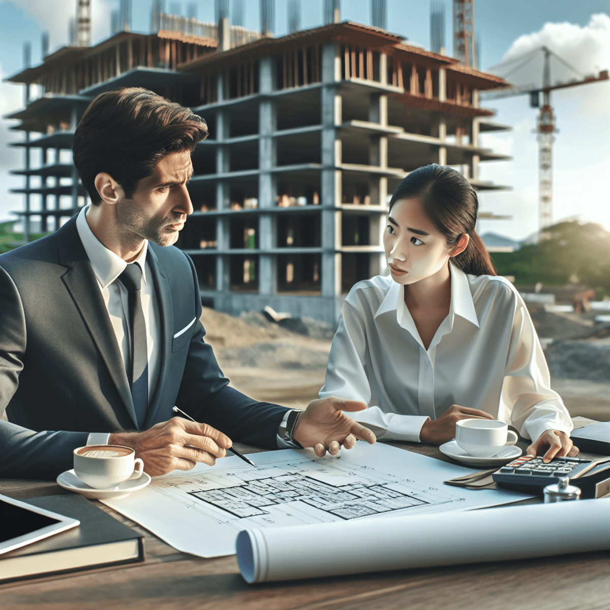 Real Estate Development Process: Full Guide 6 A Caucasian man and an Asian woman, both dressed in professional attire, are engaged in an intense discussion over blueprints at a bustling construction site. The blueprints are spread out on a table, with the man pointing to specific details while the woman listens attentively, taking notes. In the background, a newly constructed building stands tall, showcasing the successful outcome of their collaborative efforts. The scene conveys a sense of teamwork and effective risk management in real estate development, with construction equipment and workers visible around them.