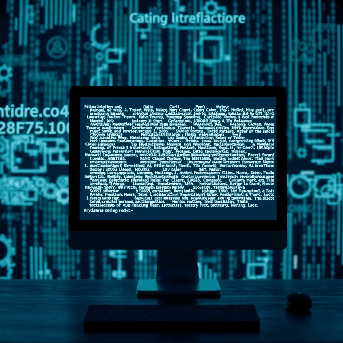 A computer screen displays abstract symbols representing artificial intelligence, surrounded by gears and neural network patterns, with a backdrop of binary code and graphs.