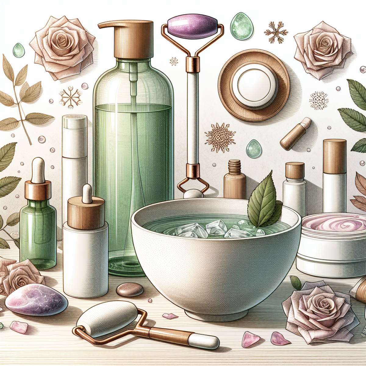 A serene environment centered around skincare products on a wooden table, including a green glass bottle of toner, a jar of moisturizer, a tube of sunscreen, a white ceramic bowl with water and rose petals, and a purple quartz face roller. In the background are symbols like the sun, snowflake, and leaf. Skin tones on the packaging denote personalization.