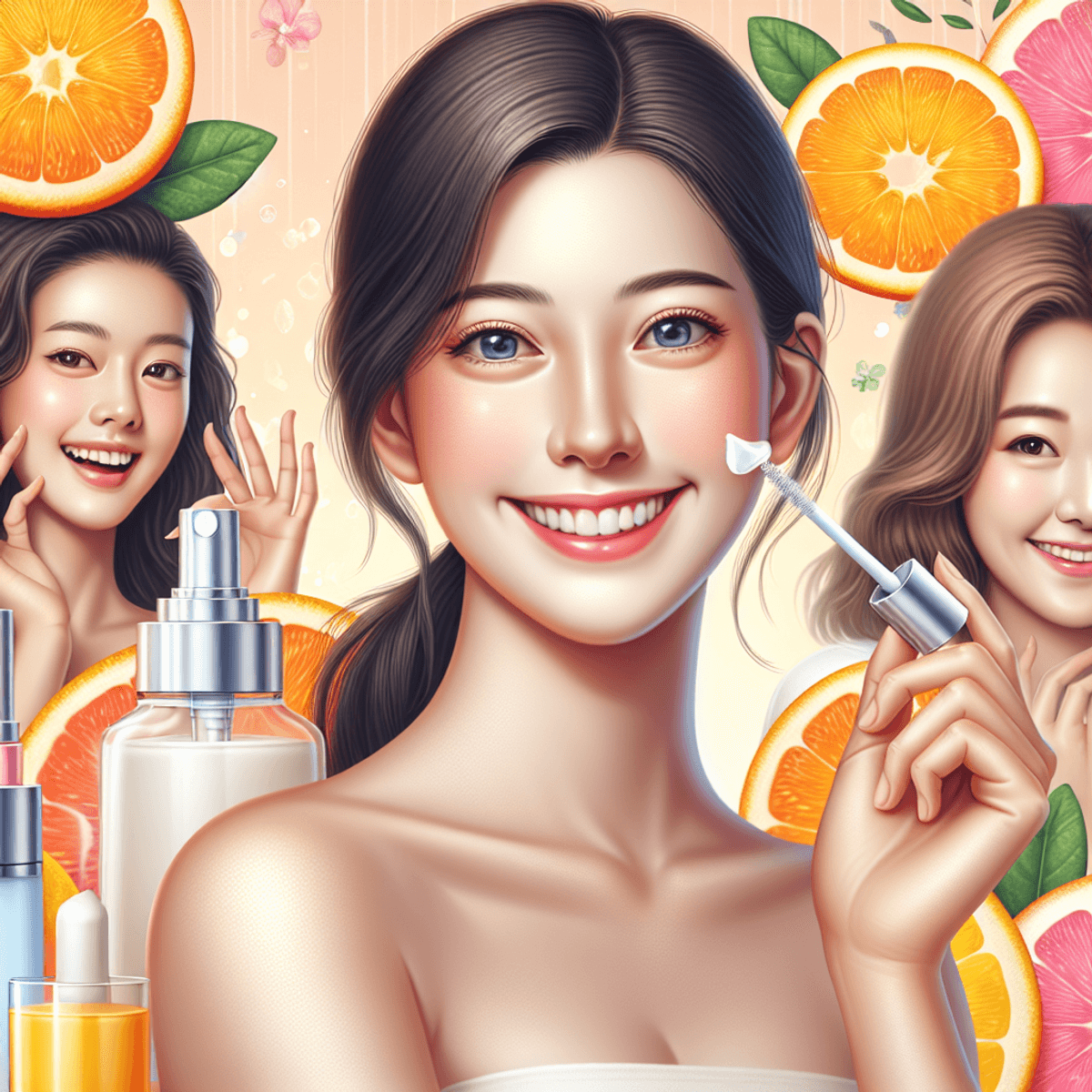 Image illustrant un groupe d'individus, avec une femme caucasienne et une femme asiatique, engagées avec joie dans l'application de produits de soin de la peau riches en vitamine C et en niacinamide. Les deux femmes affichent une ambiance rafraîchie et saine, grâce à leurs sourires éclatants et à leur peau radieuse. En arrière-plan, des représentations vibrantes d'oranges et de citrons, symboles de la vitamine C, créent une atmosphère qui évoque la fraîcheur et le bien-être global.
