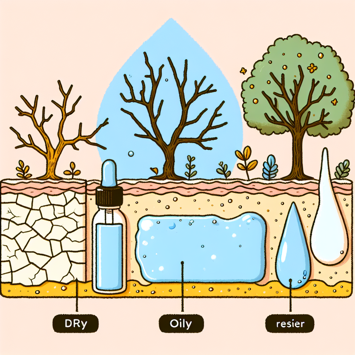 Alt text: An image representing different skin types and corresponding skincare ingredients. The top section depicts dry skin with a barren winter tree and a moisturizer bottle. The middle section shows oily skin with a shiny surface, an oil drop, and a blotting paper. The bottom section represents regular skin with a balanced texture, a leafy spring tree, and a gentle cleanser bottle.