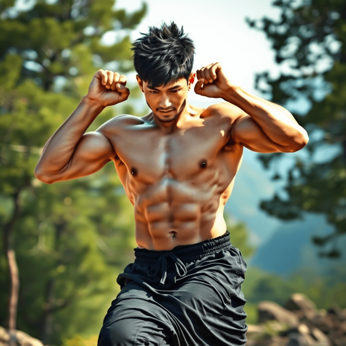 A muscular man performs bodyweight exercises outdoors, surrounded by trees and mountains, capturing determination and energy in a sunlit atmosphere.