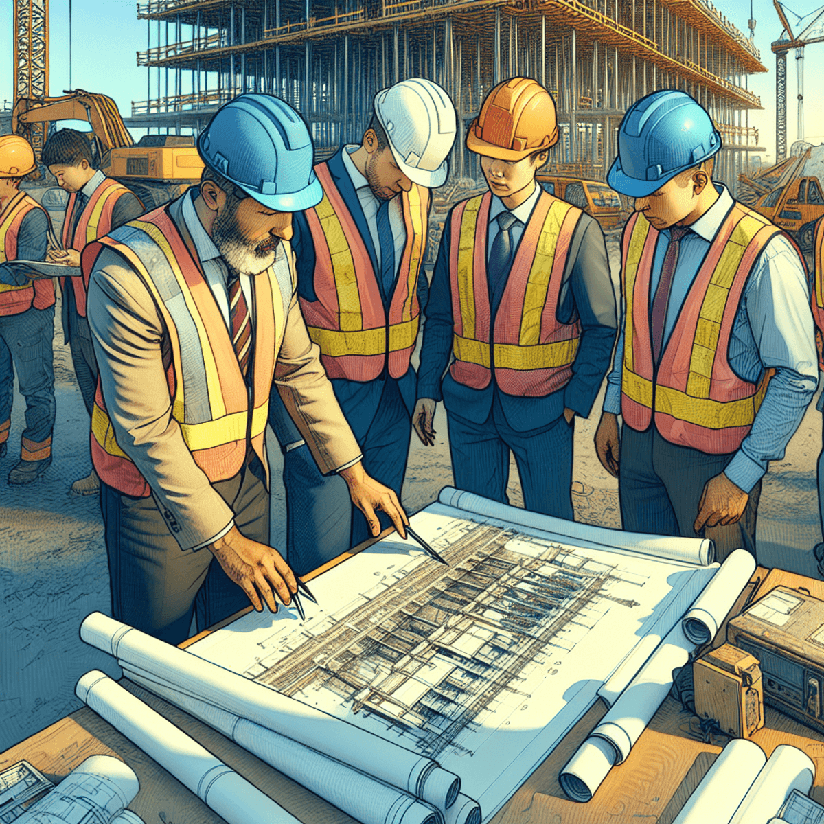 Real Estate Development 2024: Ultimate Guide 5 A diverse group of construction workers, including Caucasian and Hispanic individuals, is gathered around a set of blueprints on a bustling construction site. They are wearing hard hats and safety vests, actively discussing their plans with engaged expressions. The background features various construction equipment and partially built structures, illustrating their teamwork and the process of turning plans into reality.