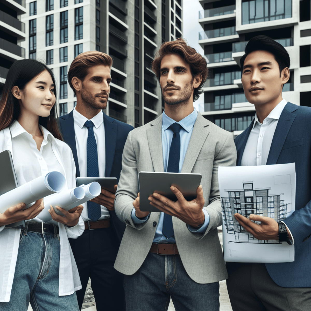 Real Estate Development 2024: Ultimate Guide 6 A diverse group of three property managers, including a Caucasian woman, a Hispanic man, and an Asian man, are engaged in a lively discussion outside a modern apartment building. They hold blueprints and digital devices, showcasing their professionalism and collaboration in real estate development. Their confident stances and focused expressions convey a sense of teamwork and dedication to effective property management.