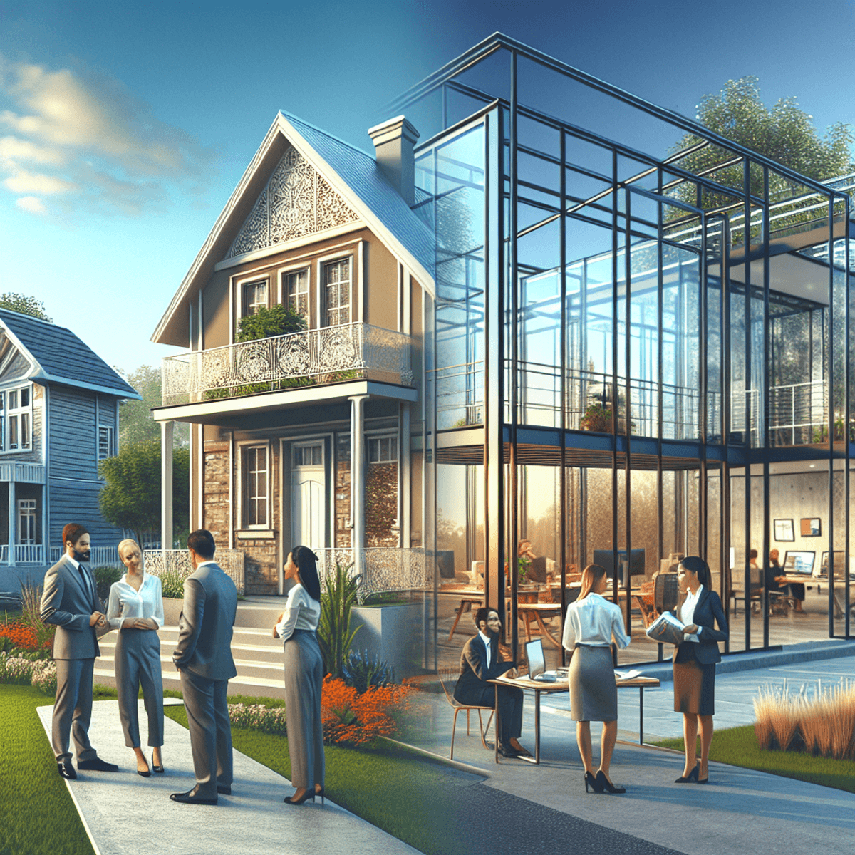 Real Estate Development 2024: Ultimate Guide 3 A split image showing a charming domestic house with a lush garden on the left, where Caucasian and South Asian men are discussing the architectural details. On the right, a contemporary office building with glass walls and a steel frame, featuring Hispanic and Middle-Eastern women sharing office plans in front of it. The left side radiates warmth and coziness, while the right side showcases modernity and professionalism.