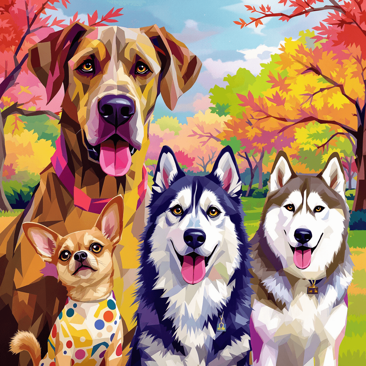 A colorful abstract depiction of various dog breeds, including a Chihuahua, Great Dane, and Siberian Husky, in a lively park setting that conveys joy and companionship.