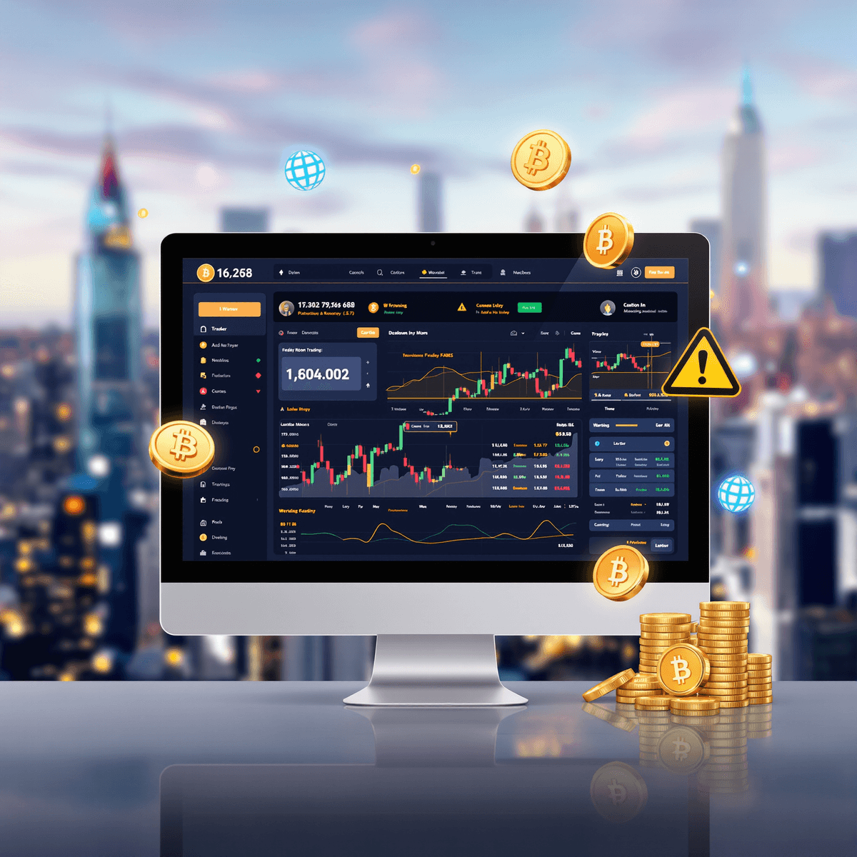 A modern trading platform interface on a computer screen displaying cryptocurrency and forex symbols, with a blurred city skyline in the background and subtle warning signs.