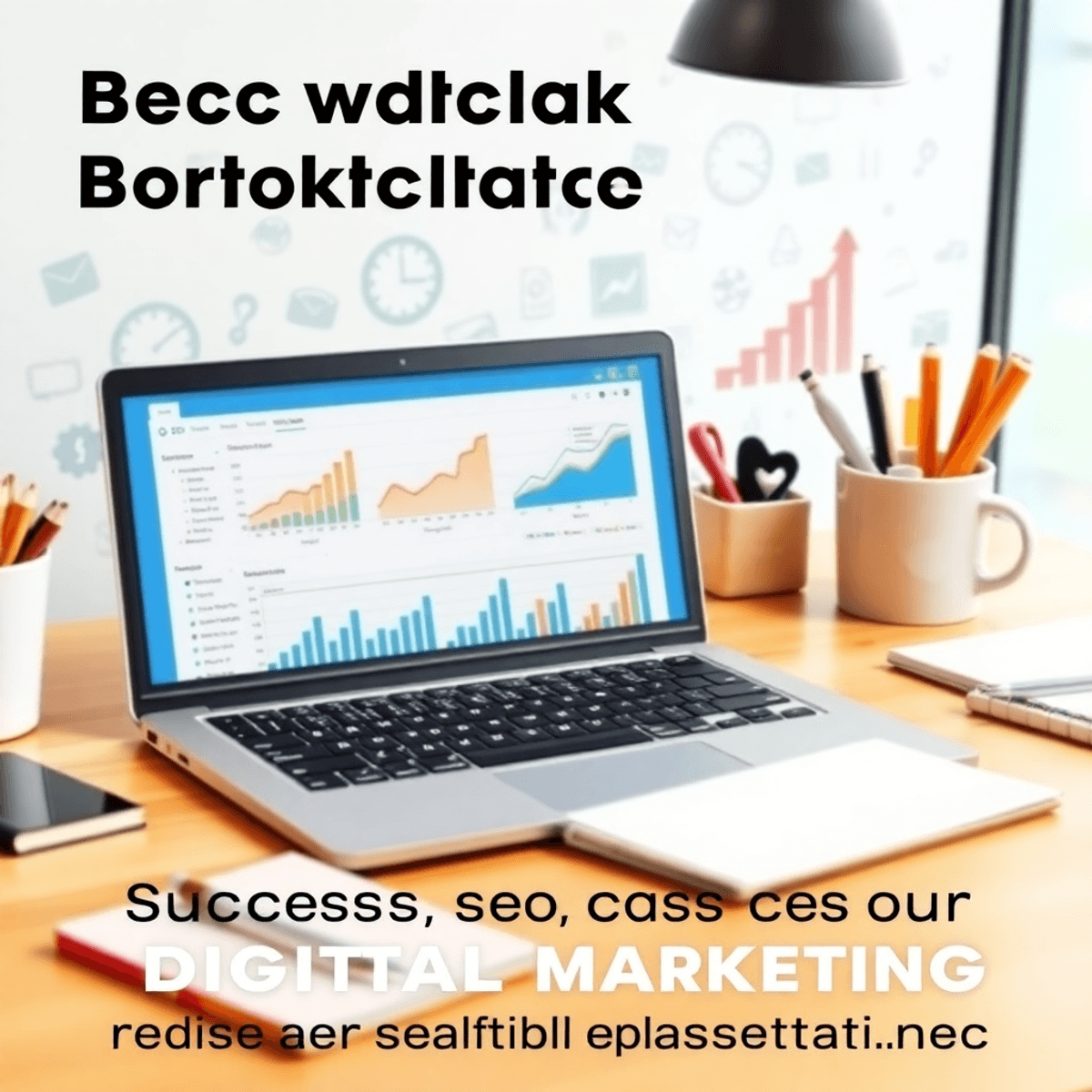 A modern digital workspace with a laptop showing SEO analytics, surrounded by a notepad, pen, and coffee cup, set against a backdrop of digital marketing icons.