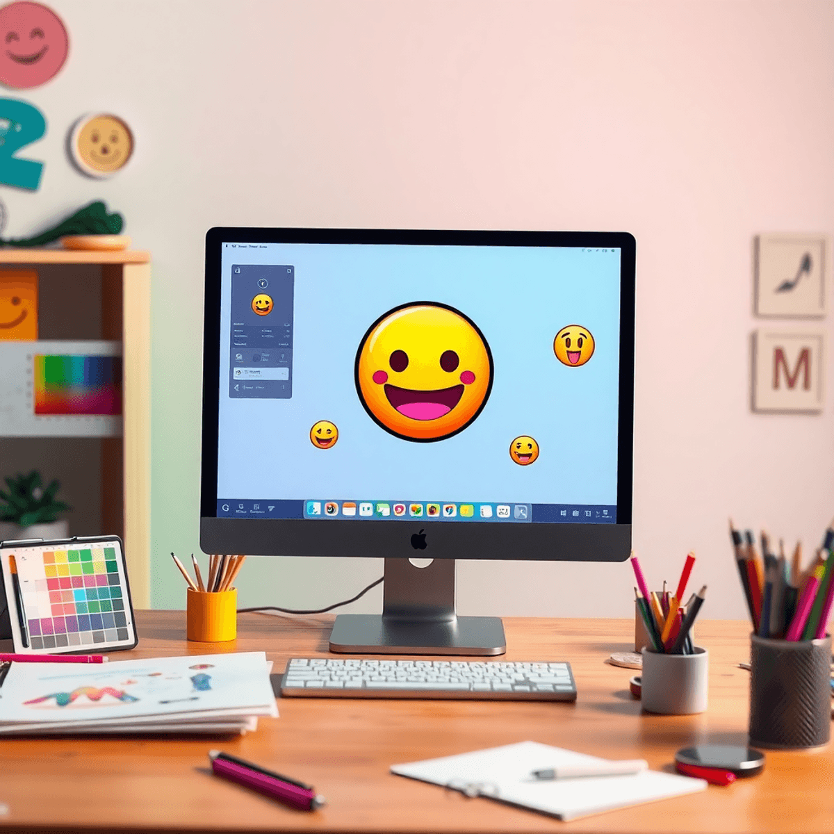 A vibrant digital workspace with a computer displaying a colorful emoji, surrounded by graphic design tools, sketches, and color palettes, showcasing creative AI technology.