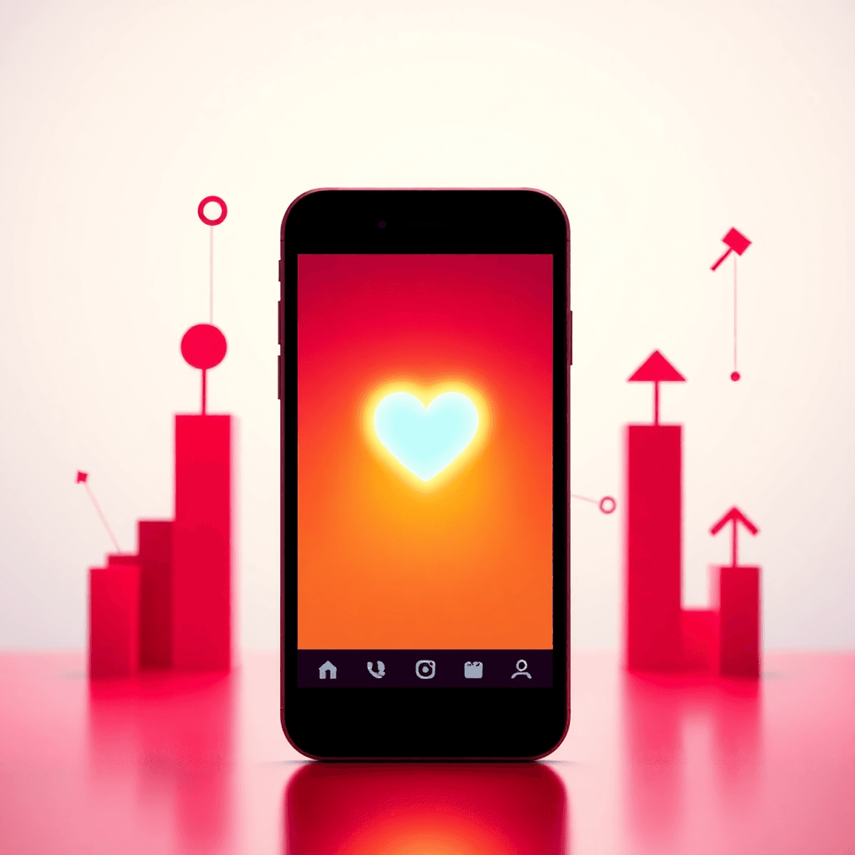 Smartphone showing Instagram-like interface with glowing heart icon, surrounded by abstract social connection symbols on a bright, clean background.