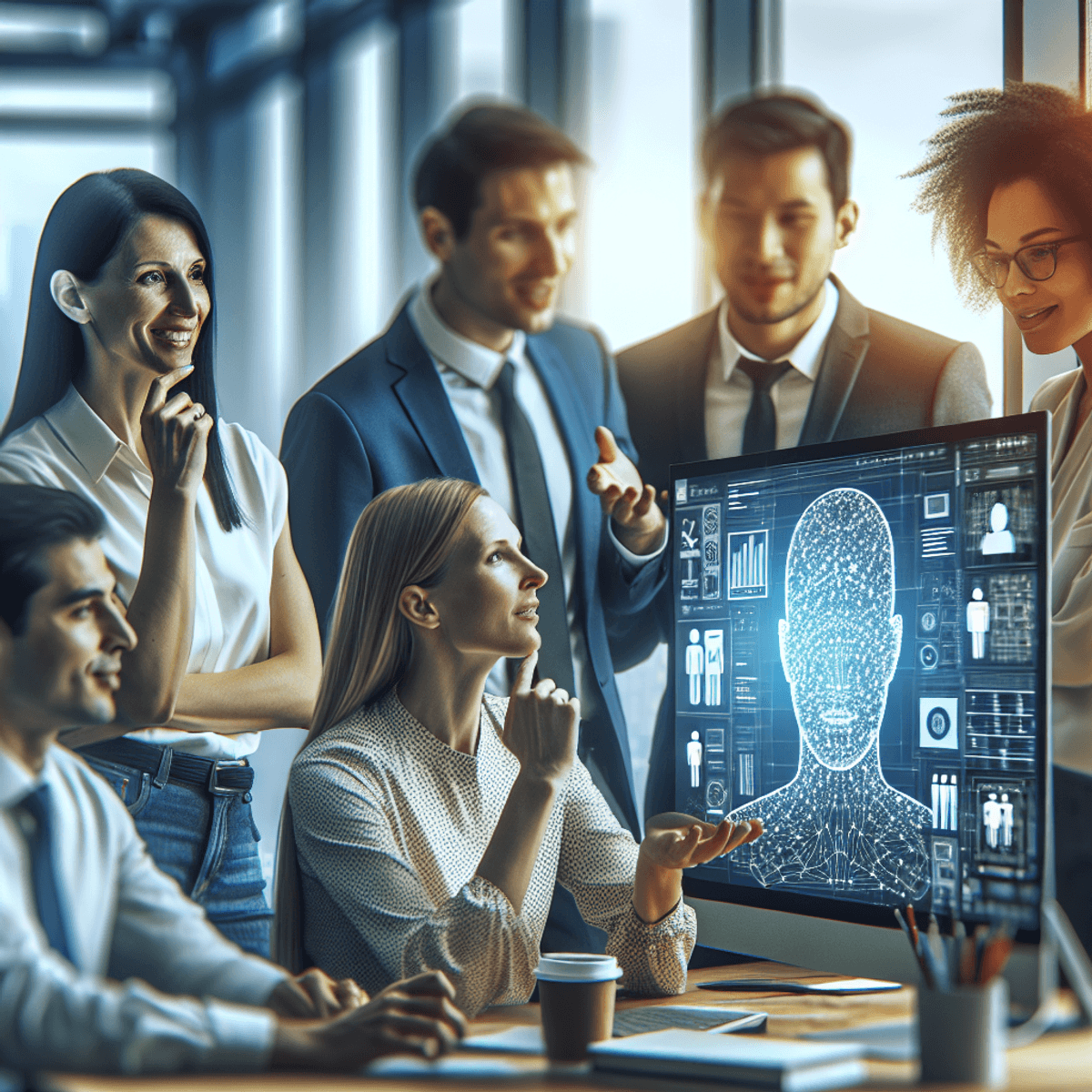 A modern office scene featuring a Caucasian woman, a South Asian man, and a Hispanic woman actively discussing in front of a computer screen displaying intricate illustrations of algorithms and artificial intelligence, symbolizing teamwork and innovation in the AI industry. The setting is bright and contemporary, reflecting a collaborative atmosphere.