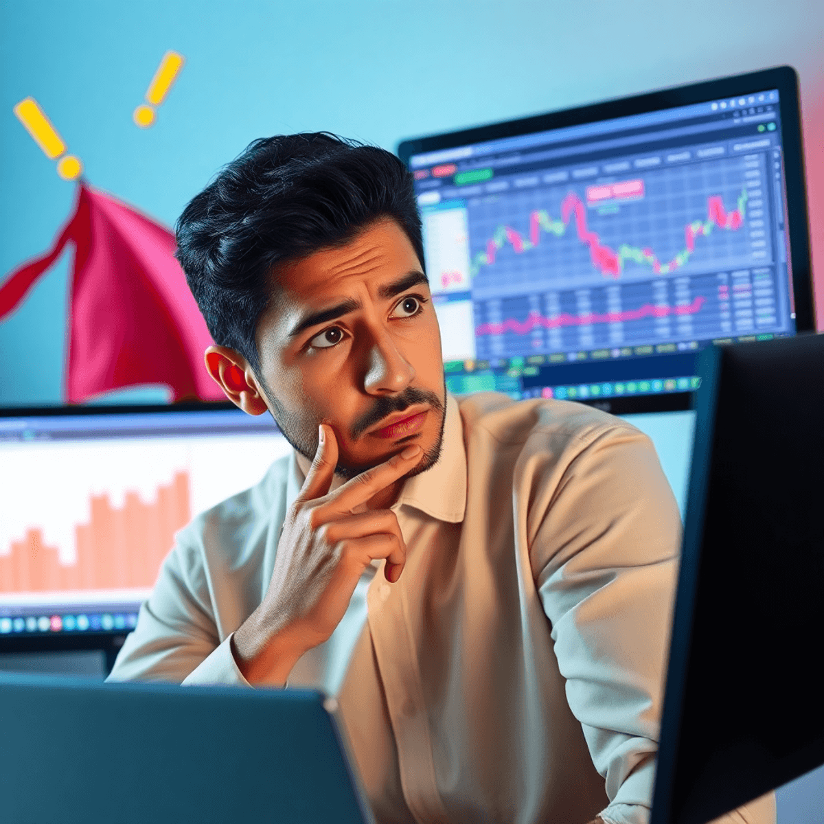 A concerned individual analyzing a computer screen with suspicious trading data, featuring warning signs like exclamation marks and red flags in the background.
