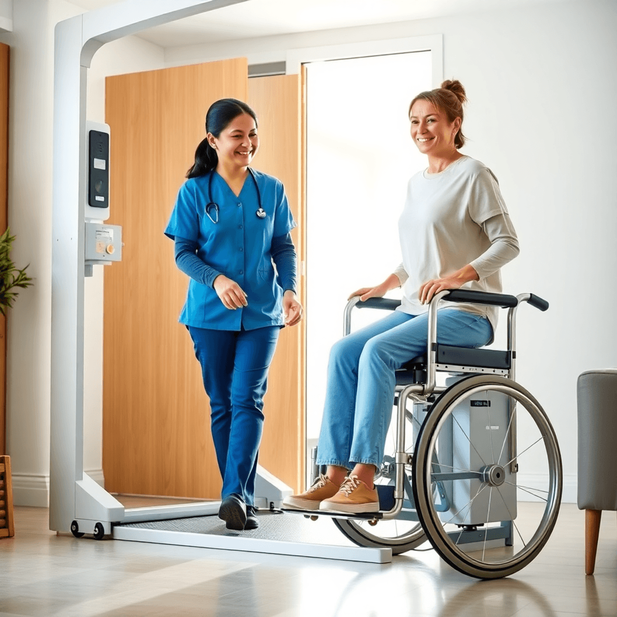 Opiekun pomaga osobie o ograniczonej mobilności, korzystając z nowoczesnego ergonomicznego podnośnika pacjenta w jasnym, przytulnym pomieszczeniu, podkreślając bezpieczeństwo i komfort.