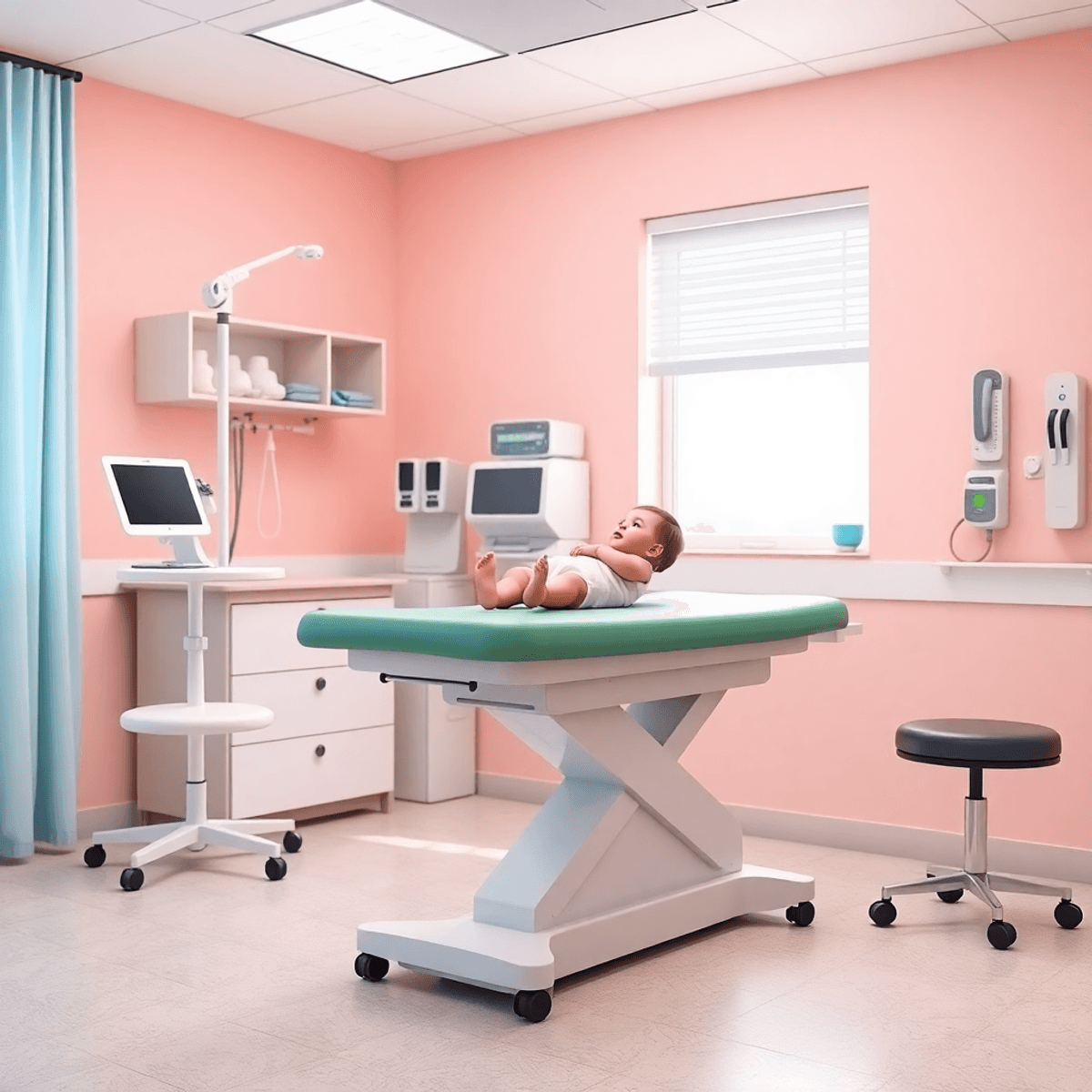 Pokój do badań pediatrycznych z nowoczesnym, w miękkich kolorach stołem do badania niemowląt, otoczony narzędziami medycznymi takimi jak otoskopy i wagi, emanujący troską i profesjonalizmem.