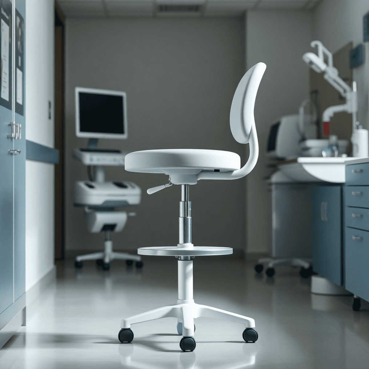 Nowoczesny ergonomiczny stołek medyczny w czystym klinicznym otoczeniu, otoczony sprzętem medycznym, podkreślający swoją funkcję regulacji wysokości i profesjonalną atmosferę.