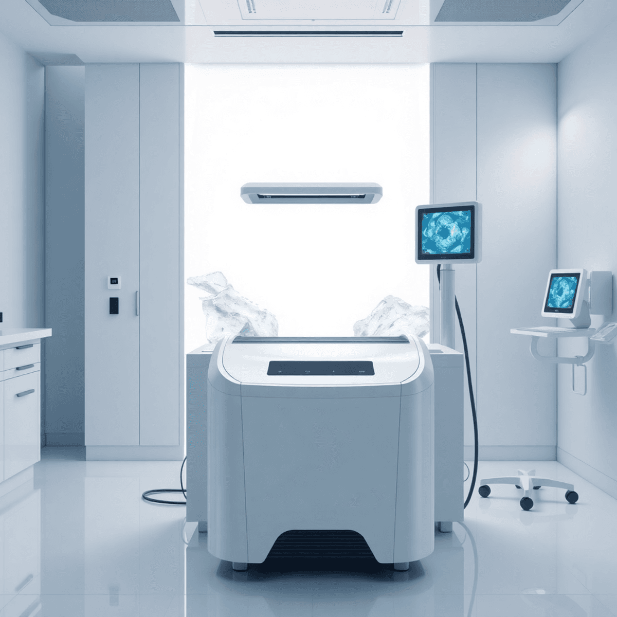 Nowoczesna maszyna do krioterapii w jasnym, czystym otoczeniu klinicznym, charakteryzująca się eleganckim designem i elementami wysokiej technologii, otoczona dekoracjami w tematyce lodowej, symbolizującymi terapię zimnem.