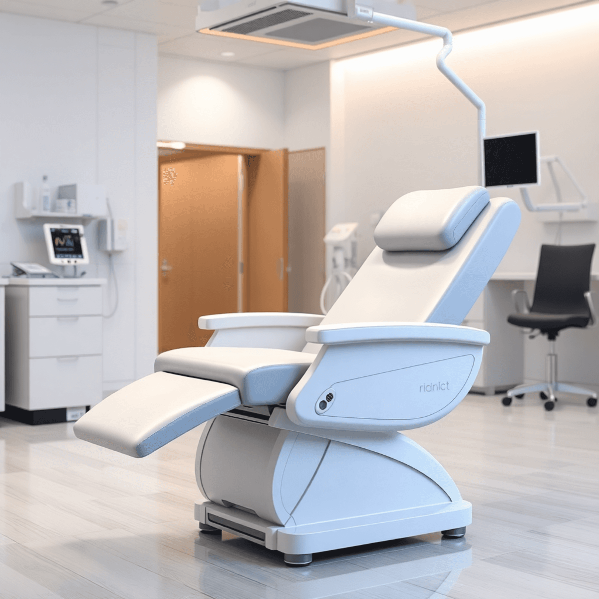 Nowoczesne krzesło do oddawania krwi w czystym środowisku opieki zdrowotnej, z miękkim tapicerowaniem i regulowanym designem, podkreślające komfort pacjenta i ergonomiczne wsparcie.