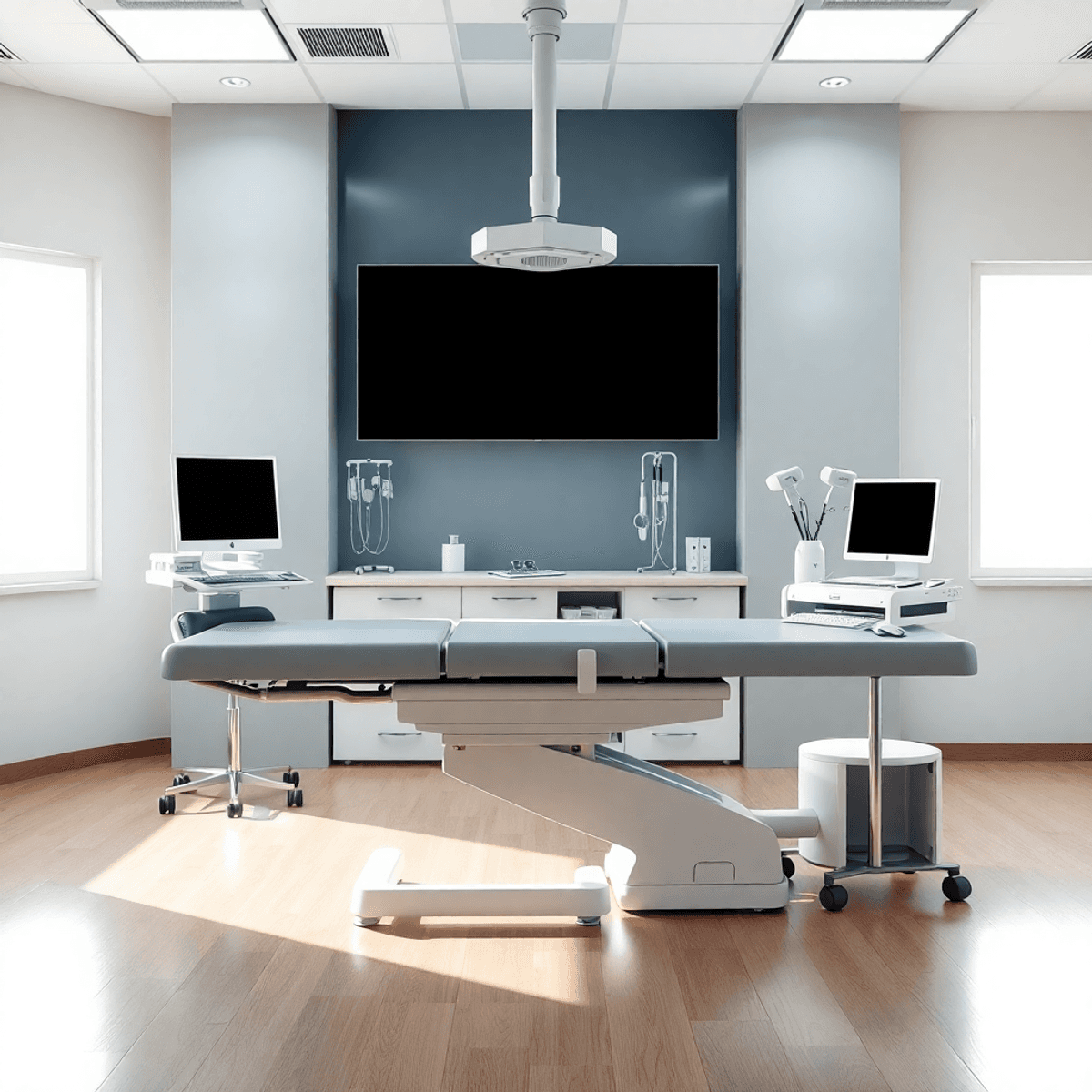 Nowoczesny stół do badań medycznych w jasnej klinice, z regulowanymi ustawieniami i ergonomicznym designem, otoczony starannie ułożonymi instrumentami medycznymi.