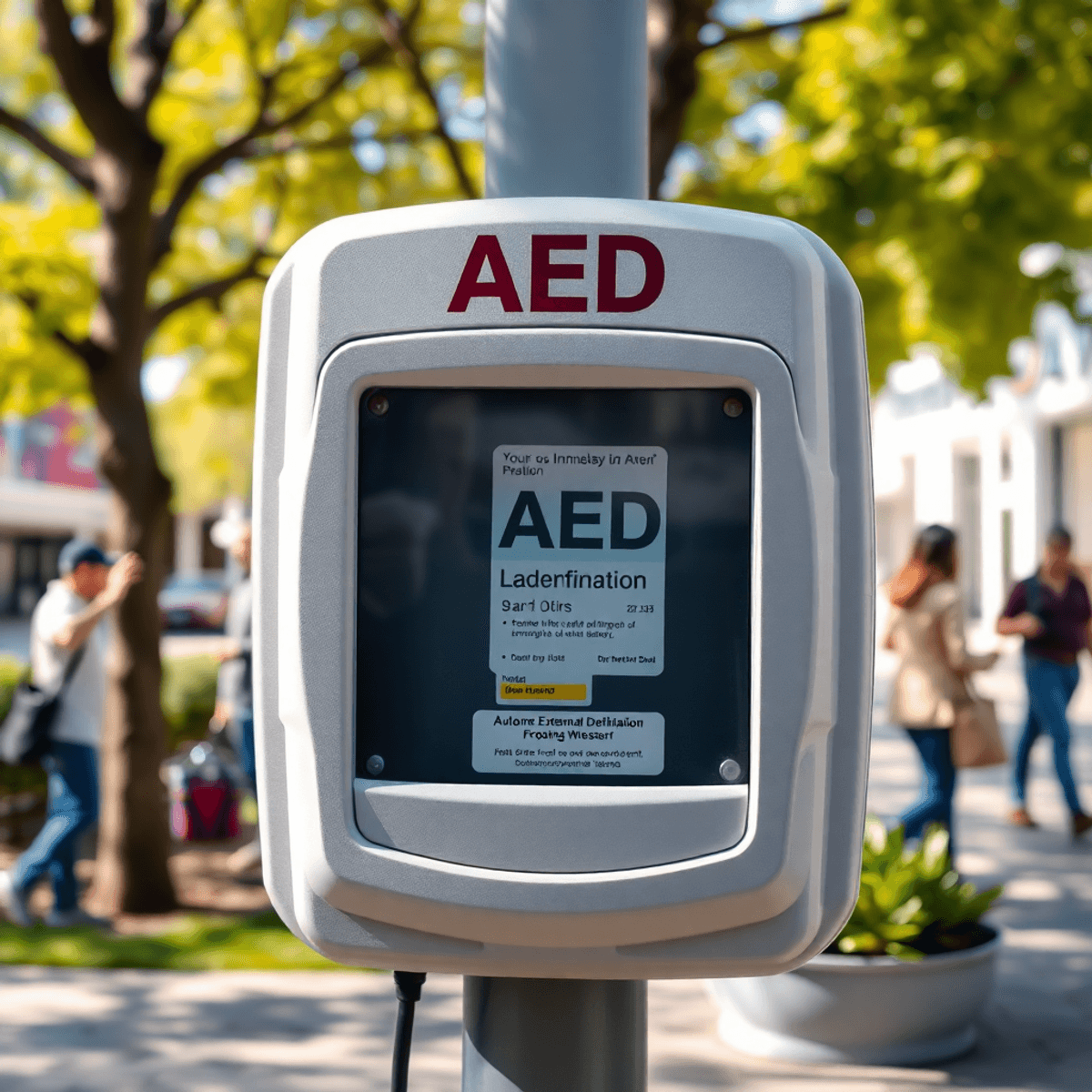 Jasna i zachęcająca przestrzeń publiczna z wyraźnie wyeksponowanym Automatycznym Zewnętrznym Defibrylatorem (AED), symbolizującym bezpieczeństwo i gotowość w sytuacjach awaryjnych.