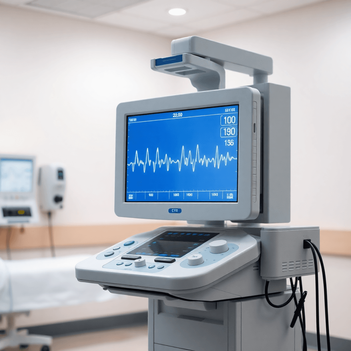 Nowoczesna maszyna CTG w delikatnie oświetlonym szpitalnym pokoju, wyświetlająca na swoim ekranie tętno płodu oraz skurcze macicy, otoczona uspokajającymi pastelowymi kolorami.