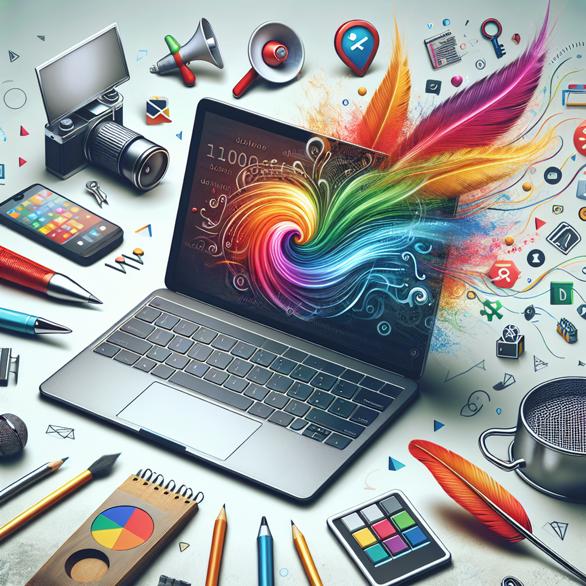 A laptop with a dynamic, colorful symbol on the screen surrounded by icons representing graphic design, software development, writing, and marketing.