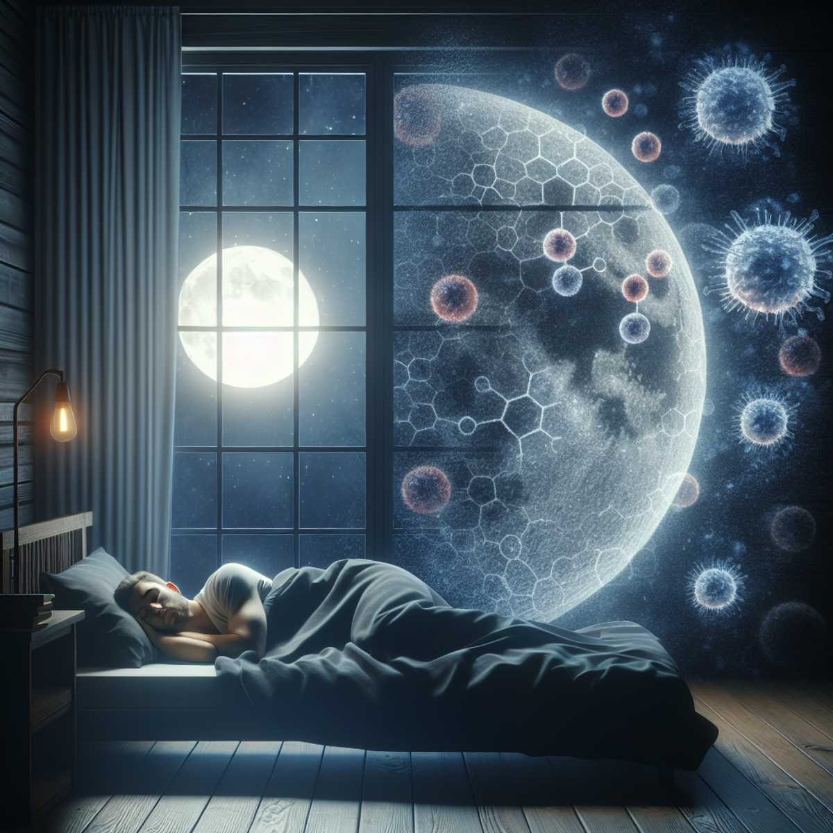 A person sleeping peacefully in a moonlit bedroom, with an immune cell and melatonin molecules in the background.
