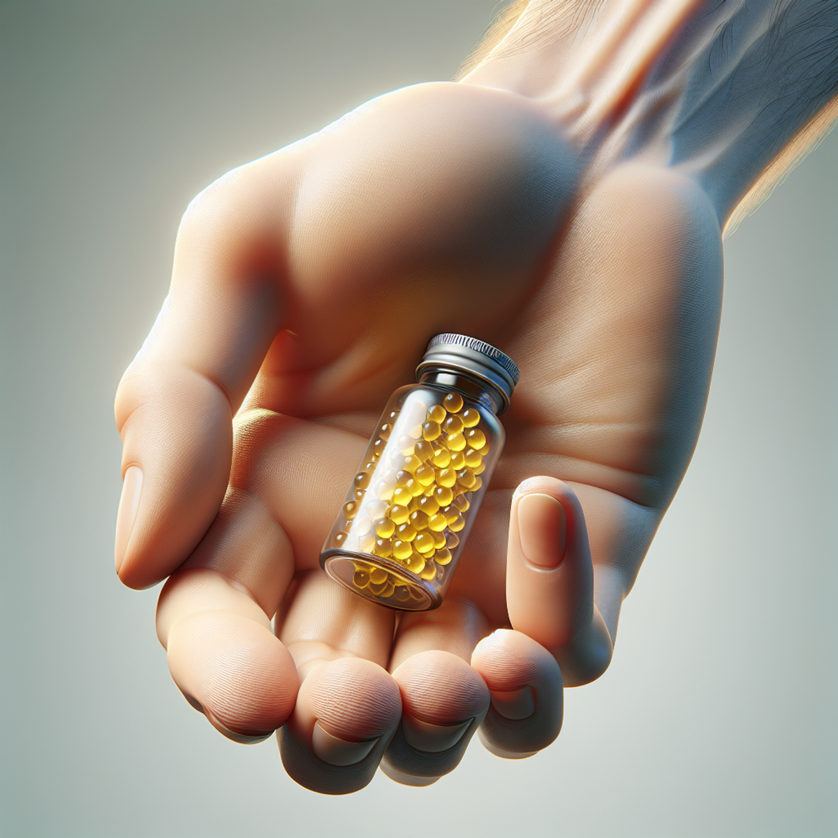 Close-up of a hand holding a bottle of Vitamin D3 supplements