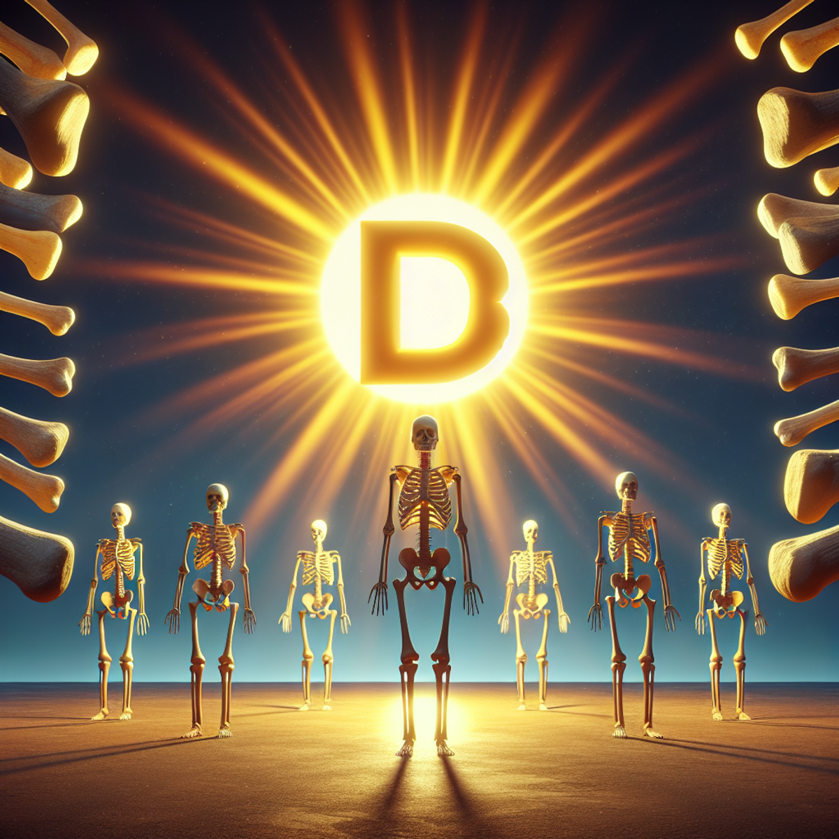 Słońce świeci na symbolu D3, emitując promienie w kierunku zdrowych ludzkich kości.