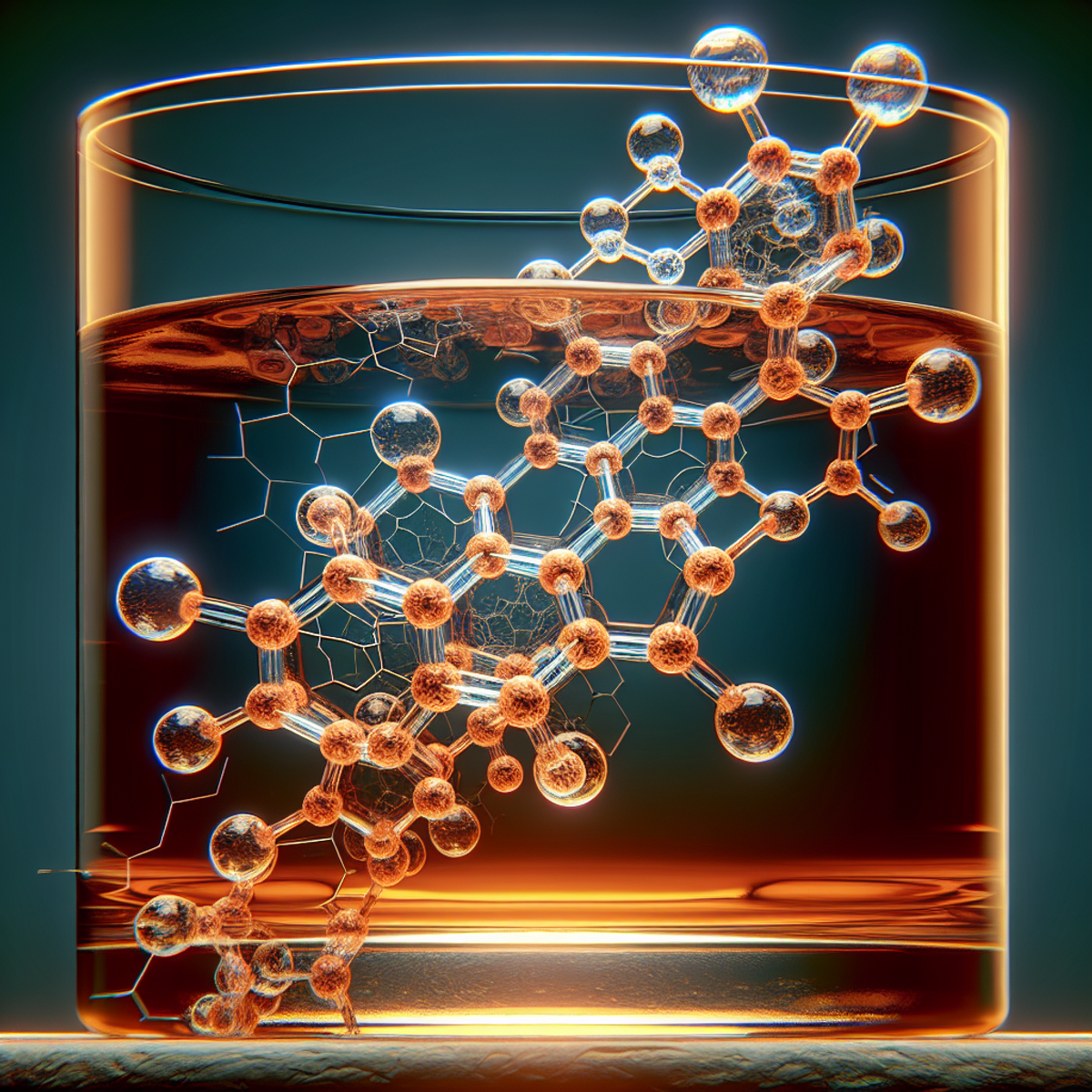 A close-up of a clear glass filled with amber liquid, with a distorted and broken hormone molecule suspended inside.