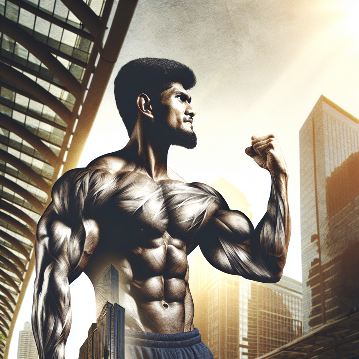 A Muscular South Asian Man Flexes Powerful Muscles in the Bright Sunlight, his determined expression reflecting the intensity of his physical strength.