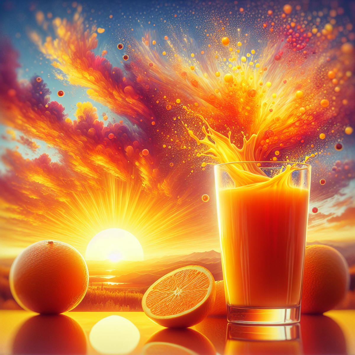 A glass of orange juice in front of a stunning sunrise.