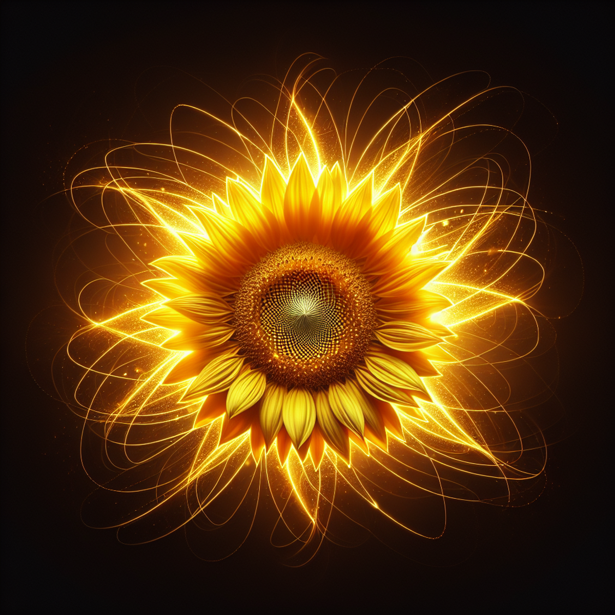 Živahna sončnica v polnem cvetu, emananirajoča žareča svetloba in halo sijaja.