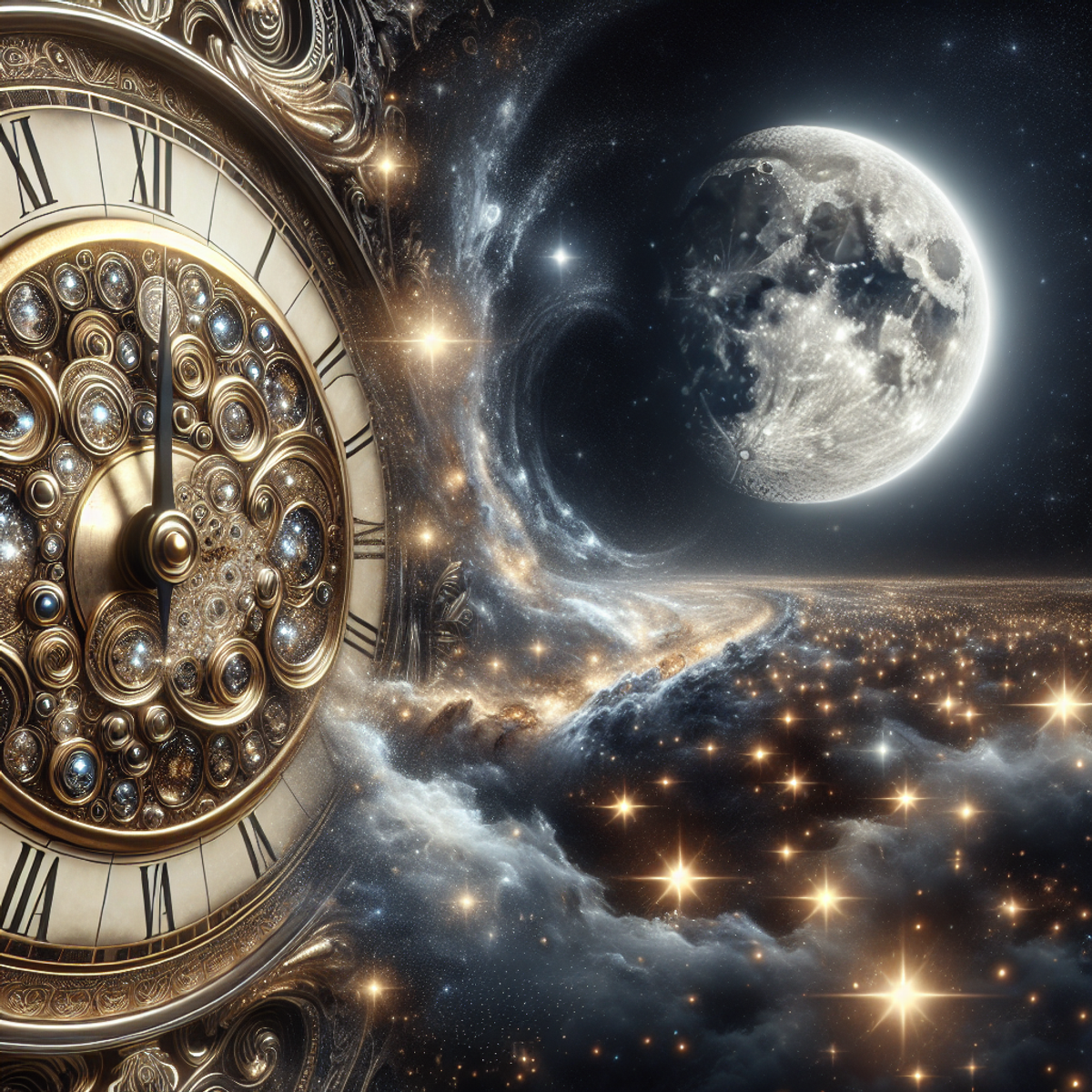 A close-up view of an antique clock face with golden numerals and black hands, surrounded by stars and a glowing moon.