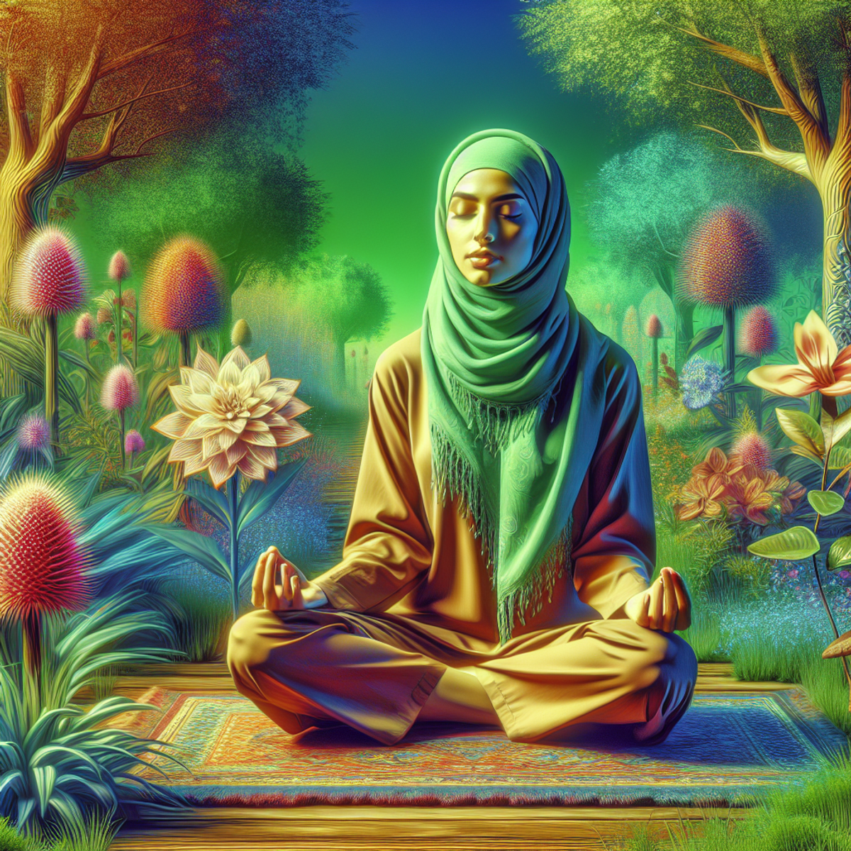A woman meditating in a lush garden.