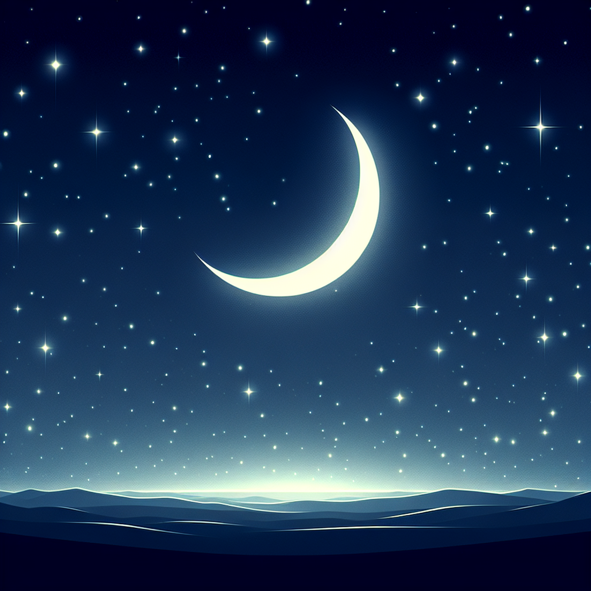 A serene night sky with a thin crescent moon and numerous stars.