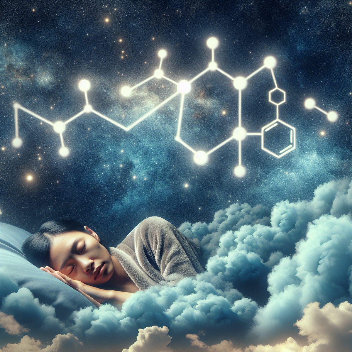 A person of Asian descent peacefully sleeping under a starry night sky with soft, fluffy clouds and an abstract representation of a molecule in the background.