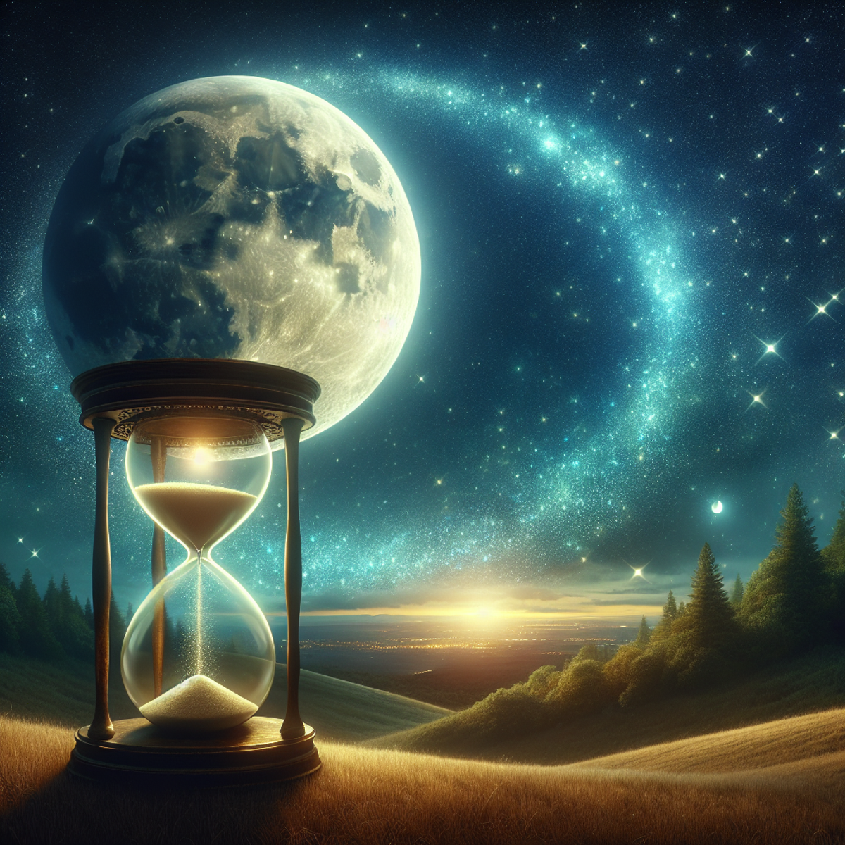 An antique hourglass in a serene landscape with a glowing moon and starlit night sky.