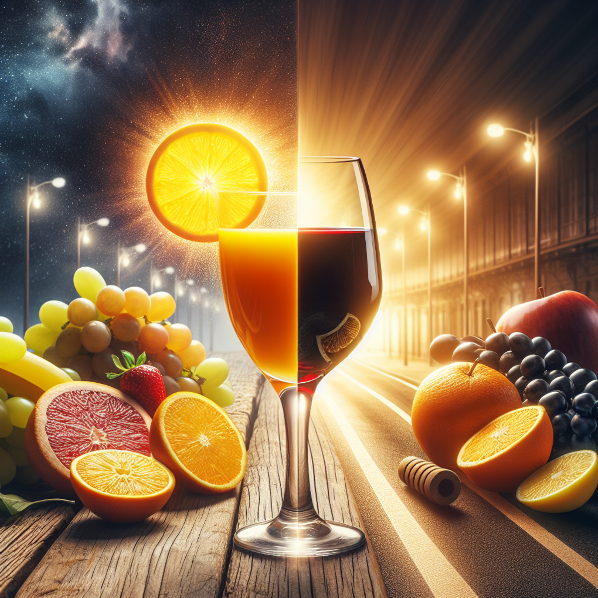 A glass of fresh orange juice and a glass of red wine placed side by side on a wooden table, with a background divided into two halves - one representing health and wellness, and the other depicting the potentially harmful aspects of drinking alcohol.