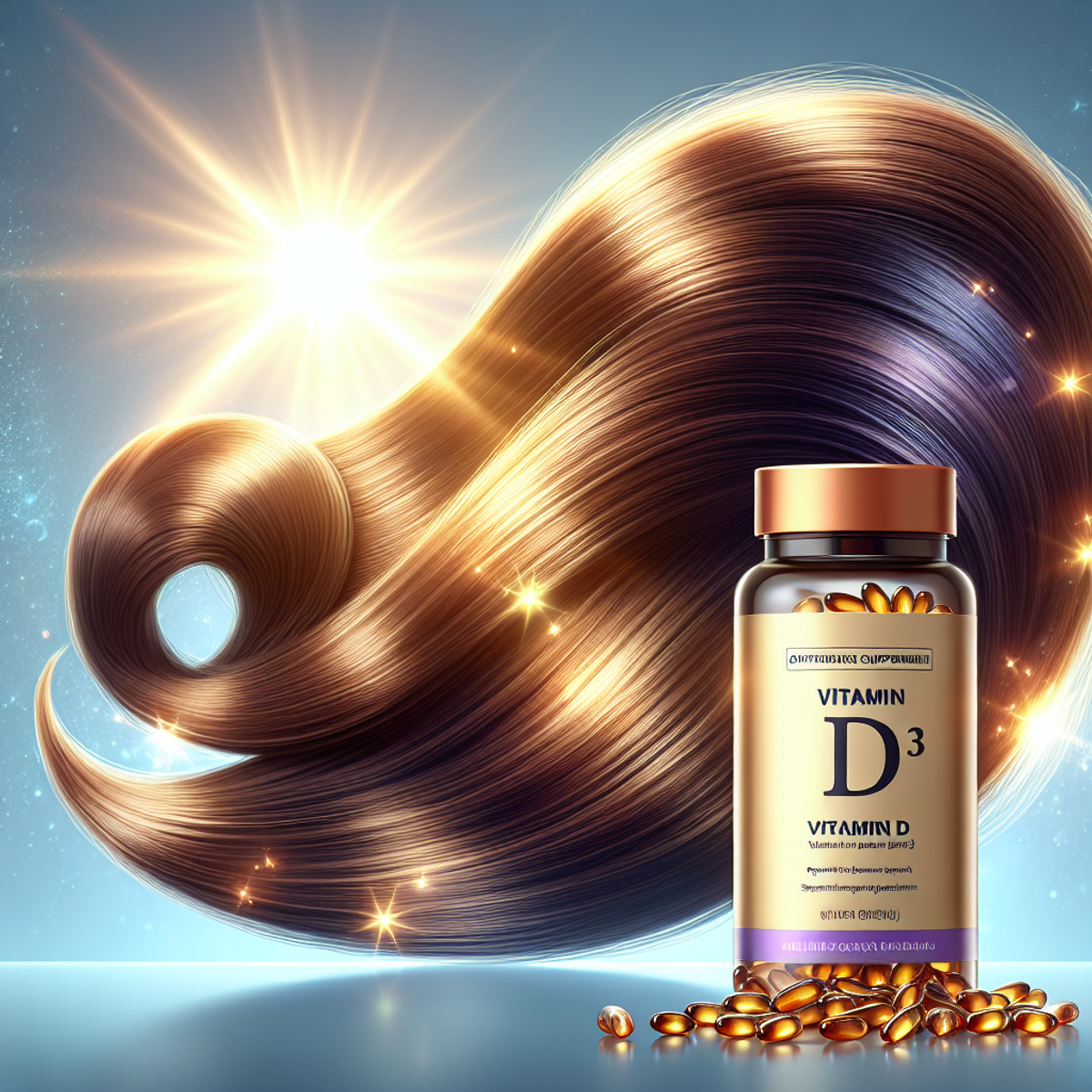 A strand of hair basking in sunlight with a bottle of Vitamin D3 supplements next to it.