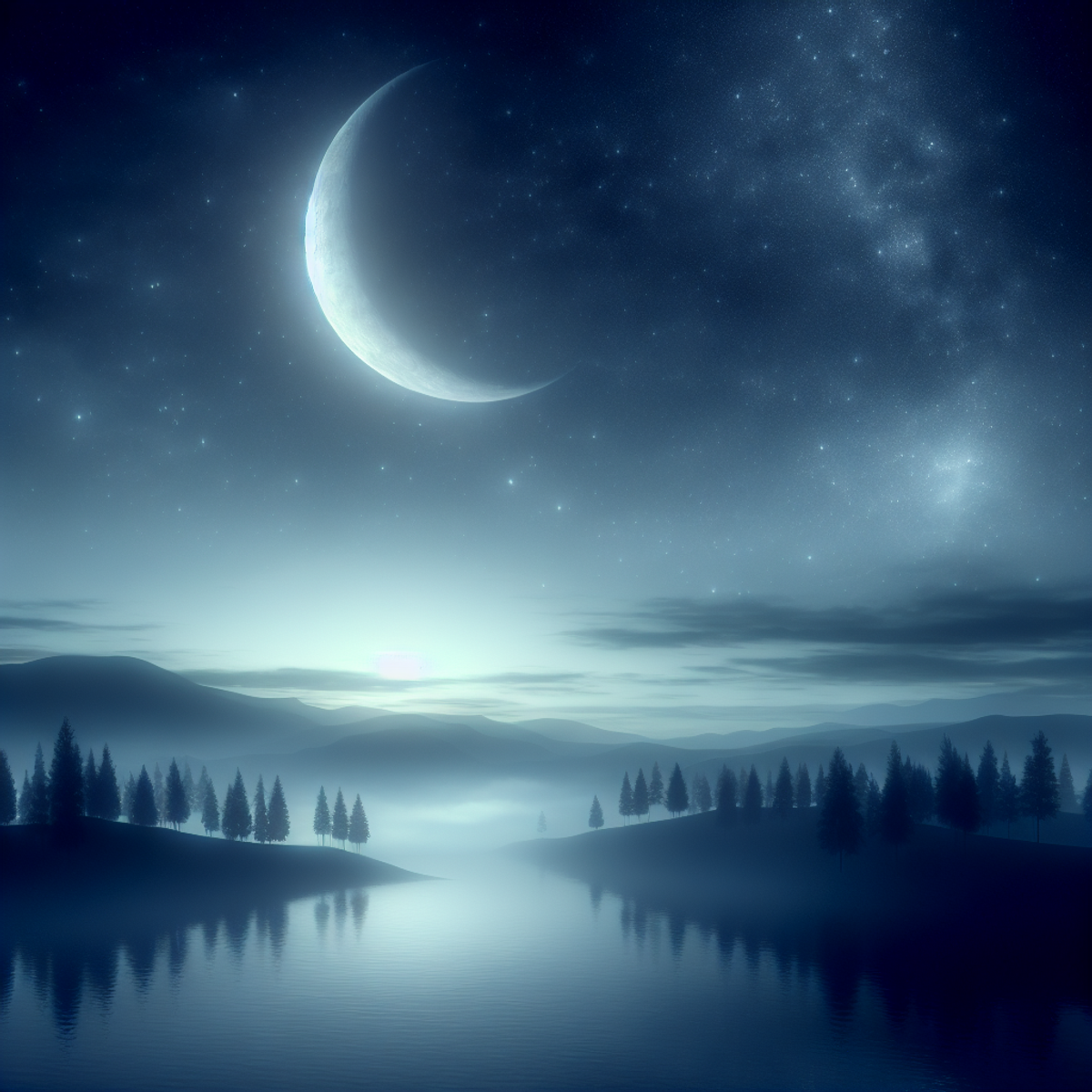 A crescent moon shining over a serene landscape.