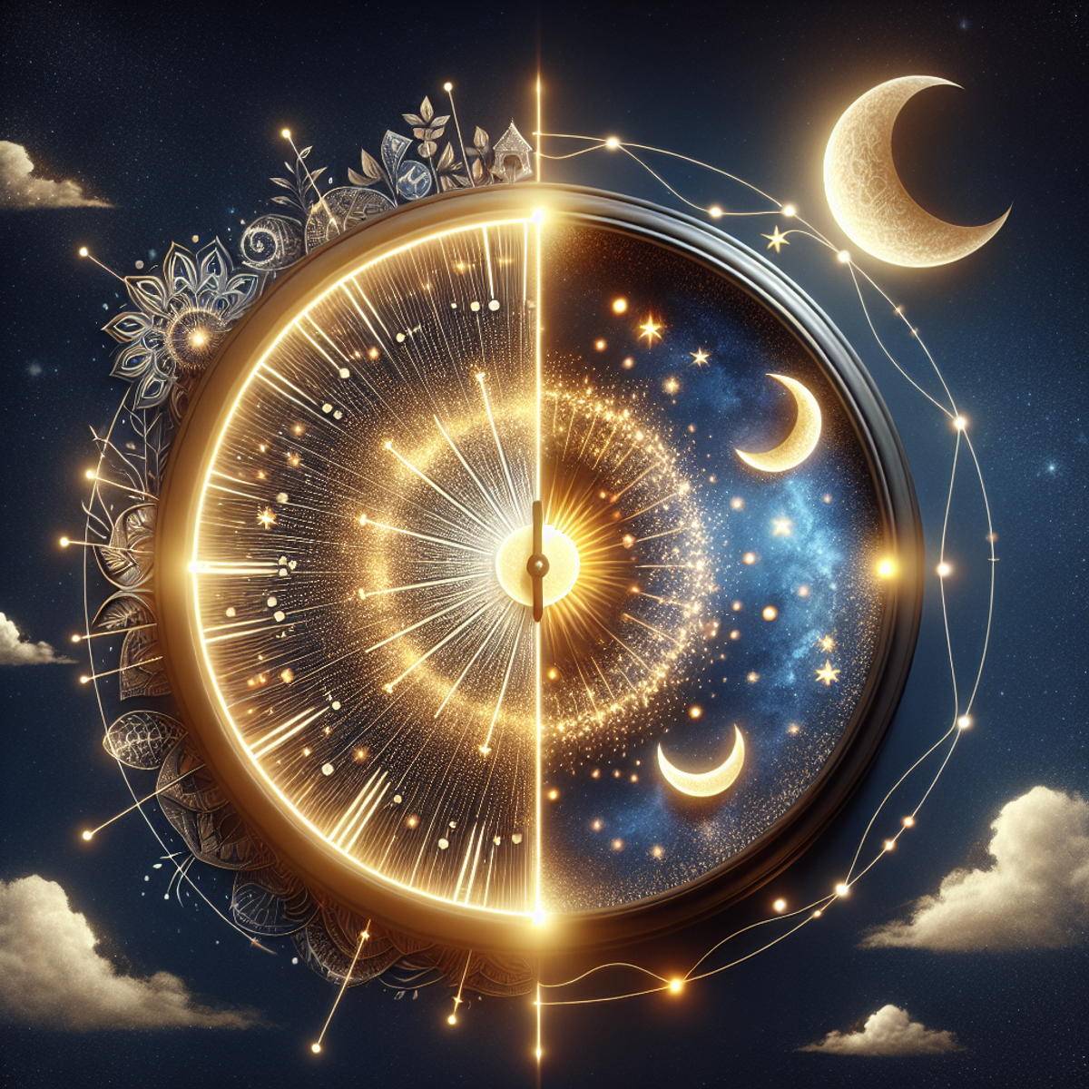 A backlit clock with one half bathed in golden sunlight and the other in moonlight, surrounded by stylized moon and sun figures. Melatonin is represented by twinkling dots flowing around the clock.