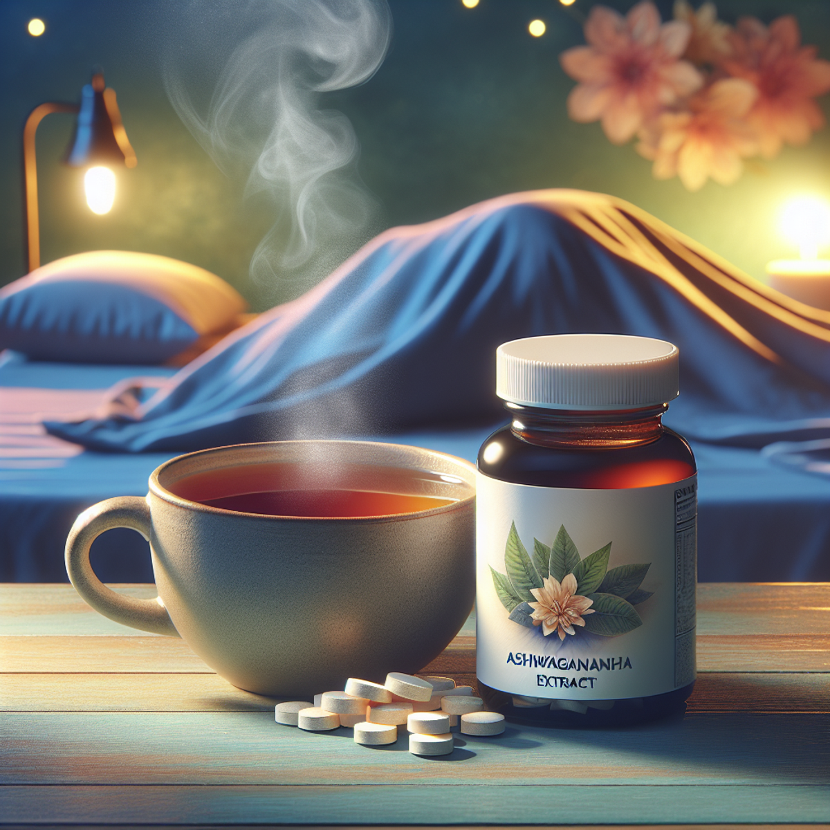 A cup of hot herbal tea steams gently beside a bottle of Ashwagandha extract tablets on a soft, inviting surface, surrounded by serene, subtle lighting.