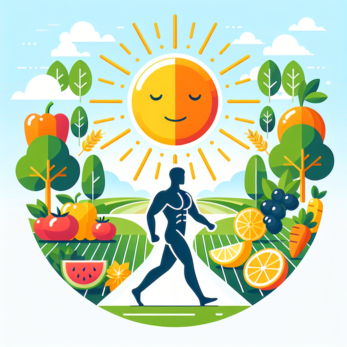 Osoba stojąca na słonecznym polu otacza owoce i warzywa.