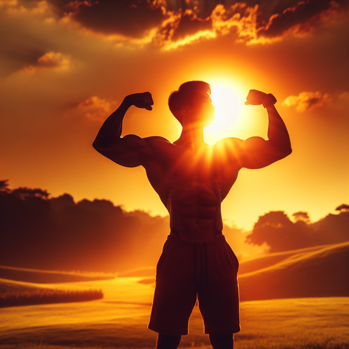 A person with an athletic build and Asian descent, standing outdoors, flexing their prominent muscles against the background of a bright, blazing sun setting.