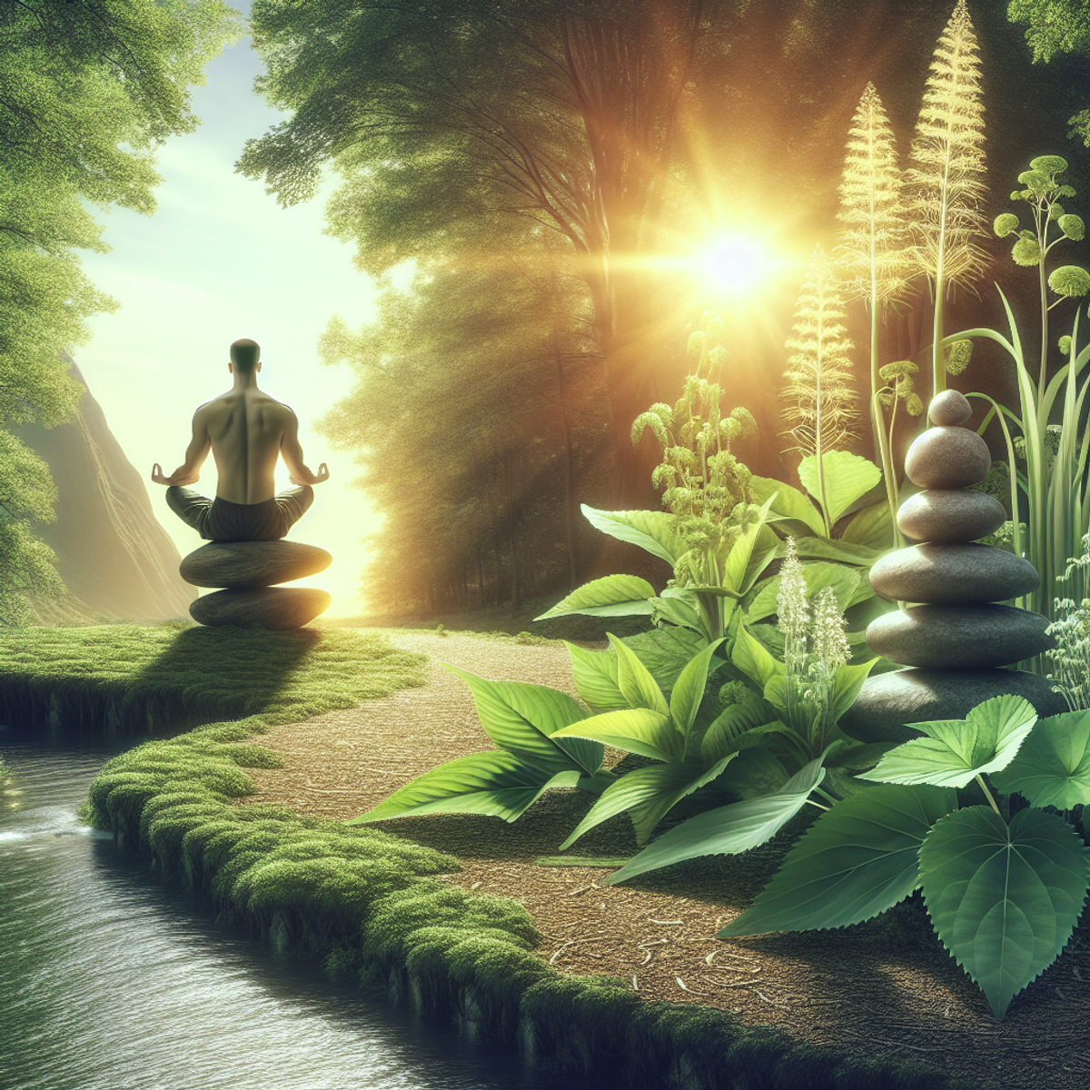 A close-up image of Ashwagandha and Ginseng plants growing in a lush, green environment with sunlight filtering through the leaves. In the background, a serene water body and balanced stone structure symbolize tranquility and resilience. In the foreground, a Caucasian male is meditating, representing a peaceful state of mind.