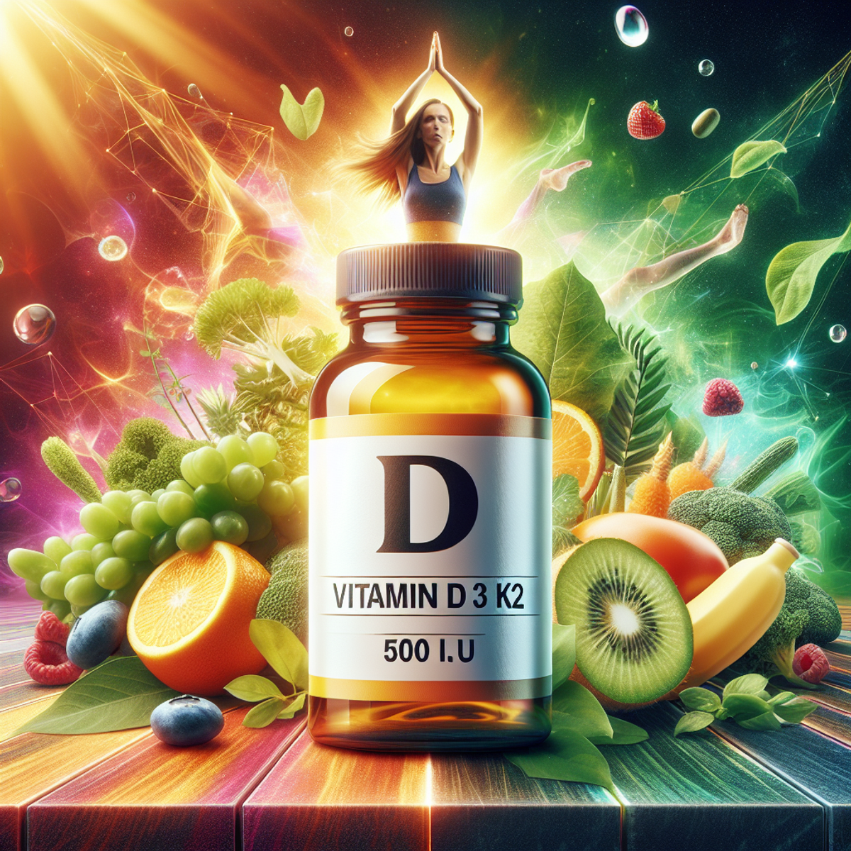 Bottle of Vitamin D3 K2 5000 I.U. with a sun symbol on the label, surrounded by vibrant fruits and vegetables, representing health and vitality.