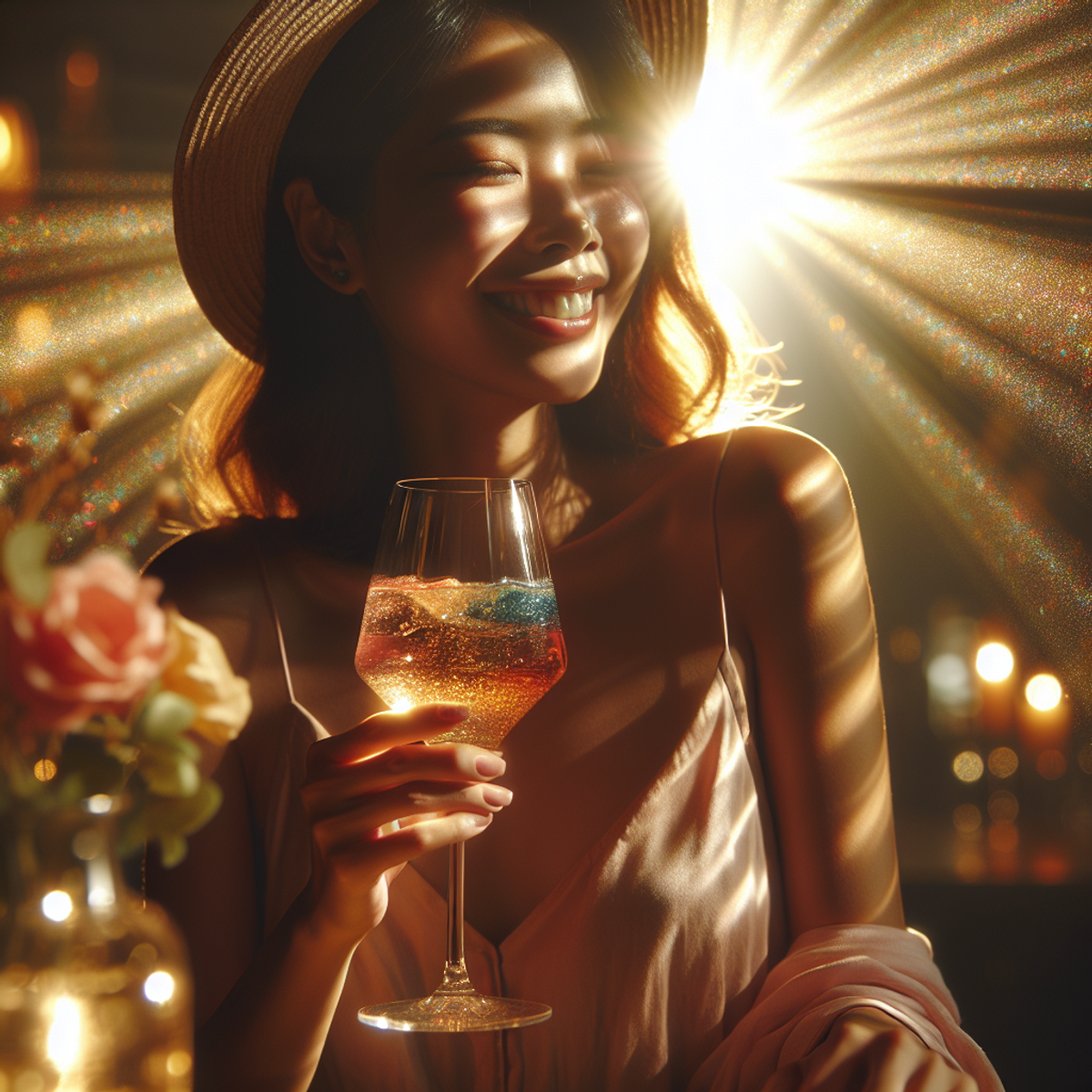 Old Testo: una donna asiatica sorridente con in mano un bicchiere di cocktail colorato, illuminata da un raggio dorato di luce solare che crea ombre e luci incantevoli.